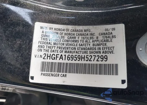 2009 Honda Civic Ex-L from USA, damaged, VIN 2HGFA16959H527299